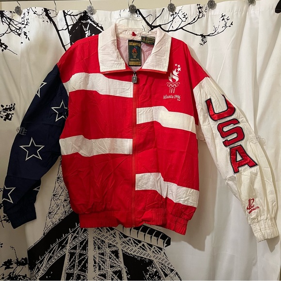 VTG Logo 7 Olympic Collection Track Jacket 90s Atlanta USA Patriotic Large - Picture 1 of 16